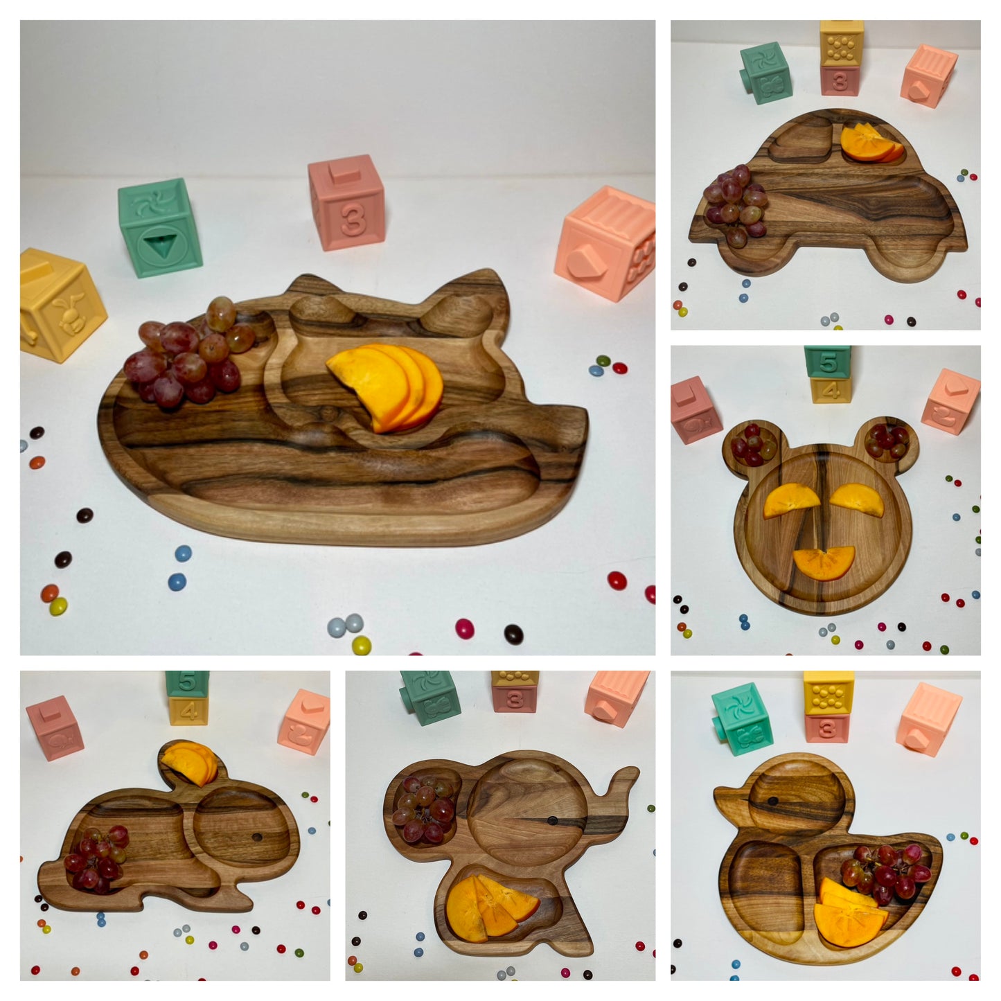 Kinderteller aus Walnussholz – Tierform, Holzteller mit Trennwand, Montessori Geschirr Kinder, Frühstücksteller Kinder, handmade wooden plate