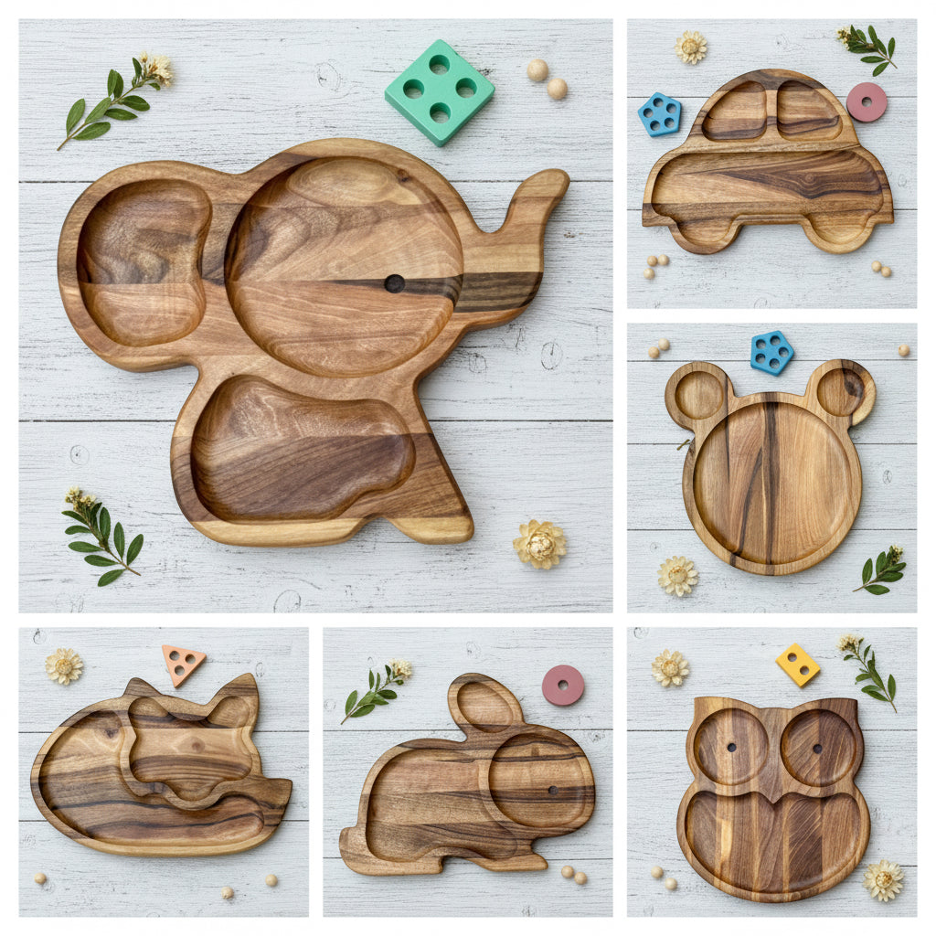 Kinderteller aus Walnussholz – Tierform, Holzteller mit Trennwand, Montessori Geschirr Kinder, Frühstücksteller Kinder, handmade wooden plate