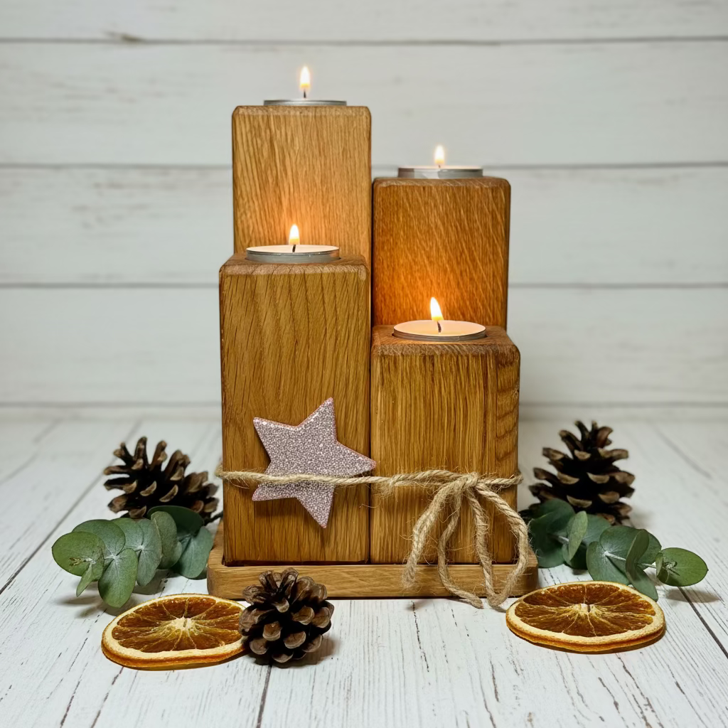 Teelichthalter Holz 4er-Set mit Unterbrett – moderne Kerzendeko aus Eiche.Kerzenhalter aus Holz für Advent, Wohnzimmer & Geschenk.