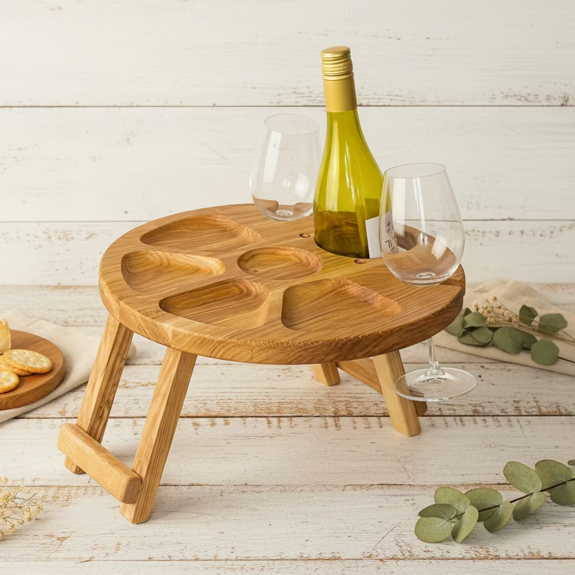 Klappbarer Weintisch aus Eichenholz für Zwei – Picknicktisch für 2 Weingläser, Geschenk für Paare & Weinliebhaber