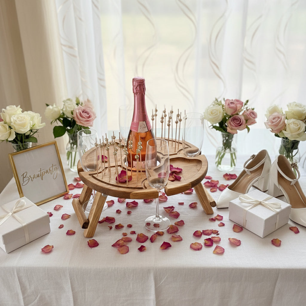 Multifunktionaler Weintisch & Cocktailtisch aus Eichenholz – Klappbares Serviertablett mit Cocktailspießen