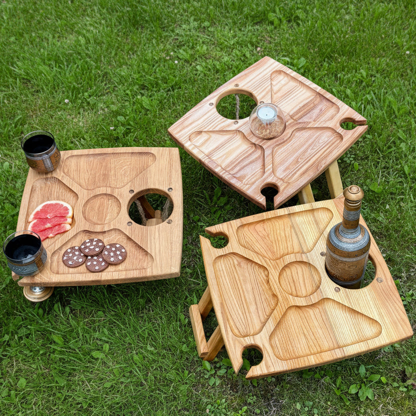 Personalisierter Weintisch aus Eichenholz – Klappbarer Picknicktisch & Couchbar mit Flaschenhalter