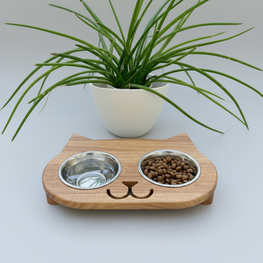 Personalisierte Futterstation für Katzen – Massivholz-Futterbar mit 2 Edelstahlnäpfen