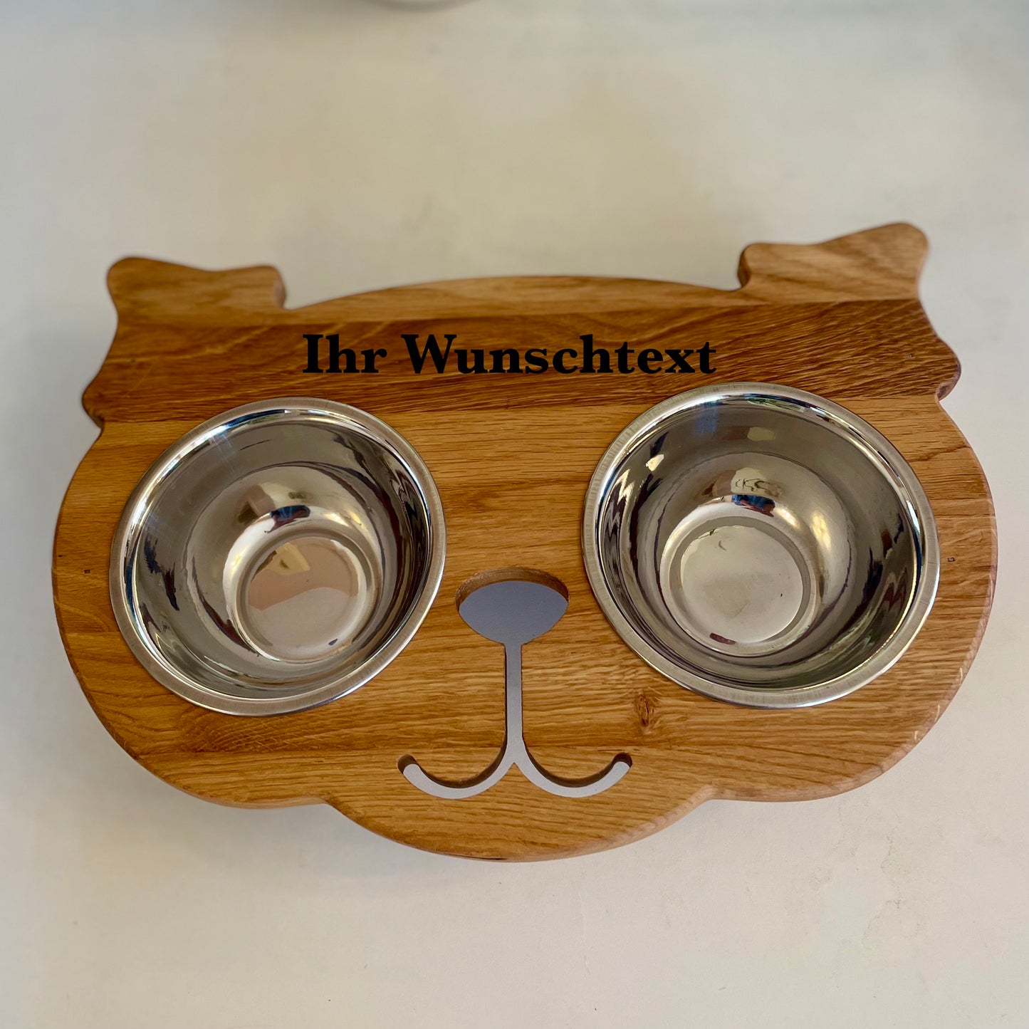 Personalisierte Futterstation für kleine Hunde – Holz-Futterbar mit 2 Edelstahlnäpfen