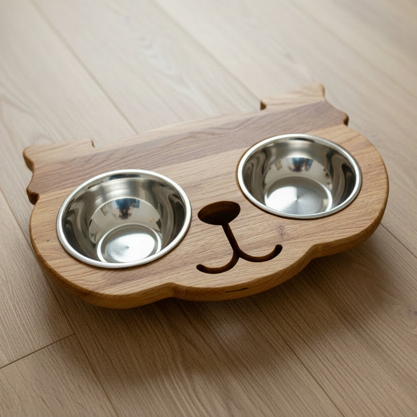 Personalisierte Futterstation für kleine Hunde – Holz-Futterbar mit 2 Edelstahlnäpfen