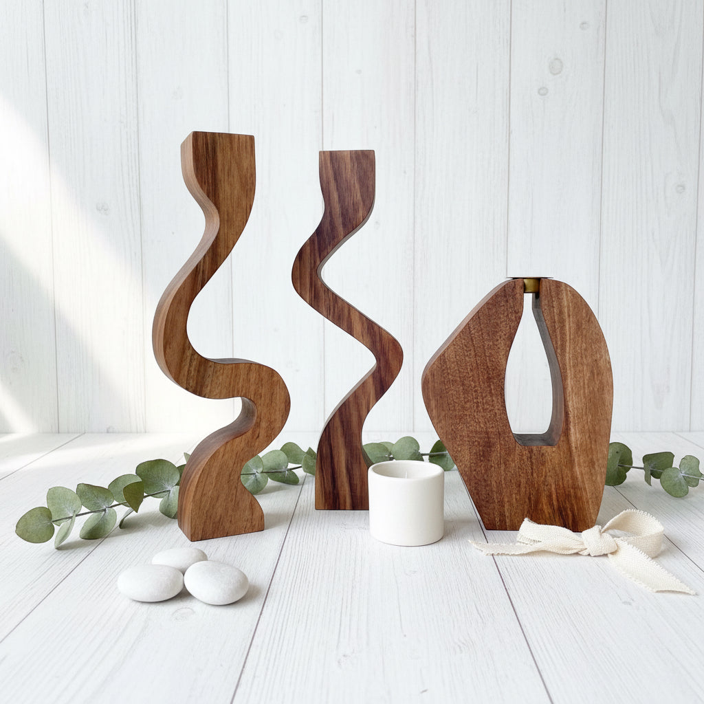 Skulpturale Kerzenhalter aus massivem Nussbaum in drei Designs. Einzeln oder als 3er-Set – moderne Tischdeko für Stabkerzen Ø 20–22 mm.