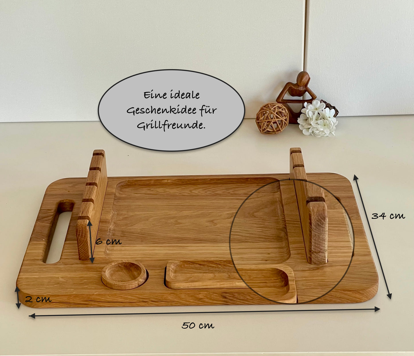 Schaschlikbrett aus Eichenholz – Mit Soßenschale & Zwiebelbrett, perfektes Grill-Geschenk