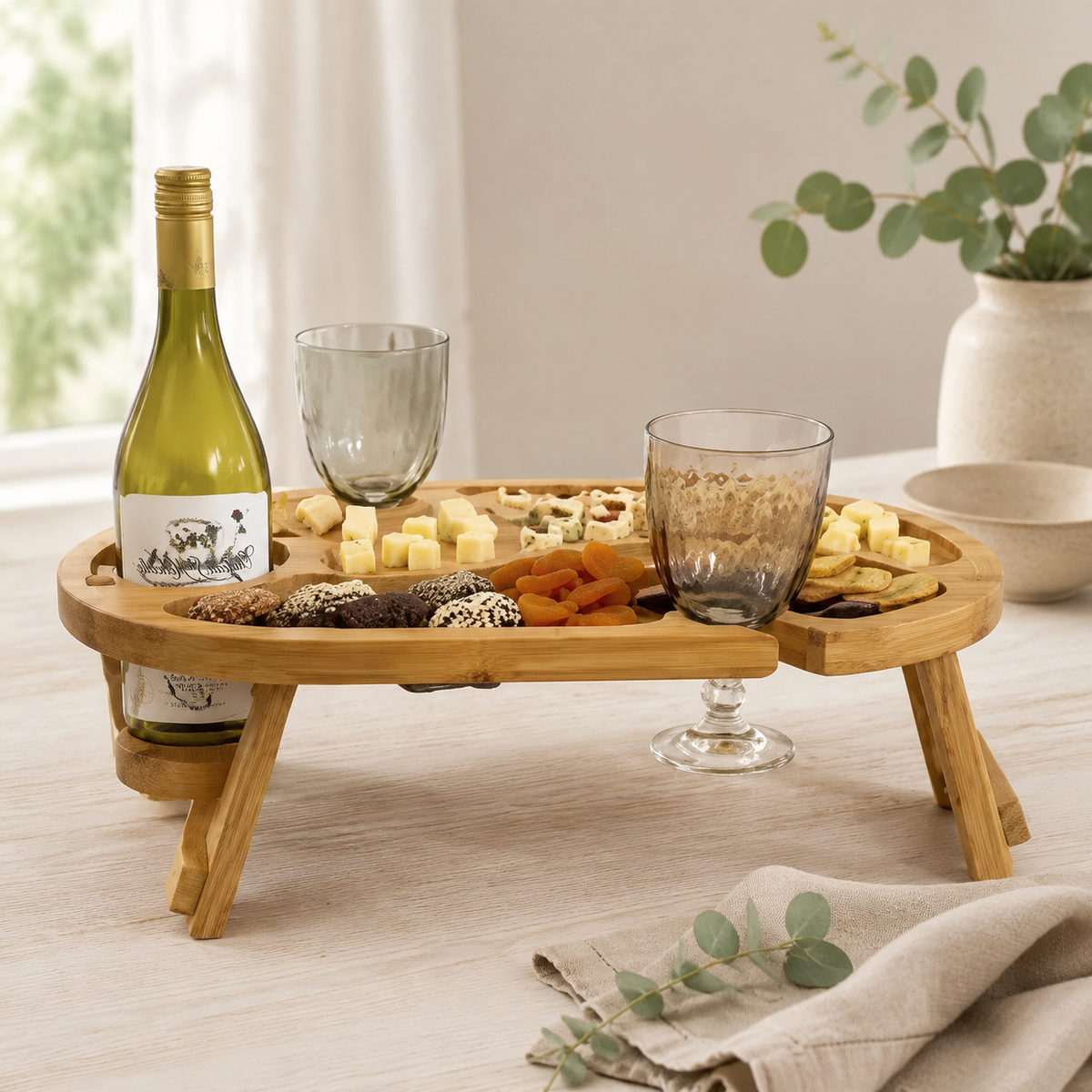 Picknicktisch aus Eichenholz, Weintisch mit 2 Glashaltern, Serviertablett mit Beinen 50 × 30 × 17 cm, Charcuterie-Brett, Couchbar klappbar