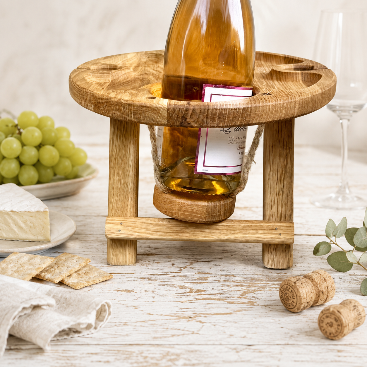 Klappbarer Weintisch aus Eichenholz für 2 Gläser – Picknicktisch mit hängendem Flaschenhalter, Geschenk für Weinliebhaber