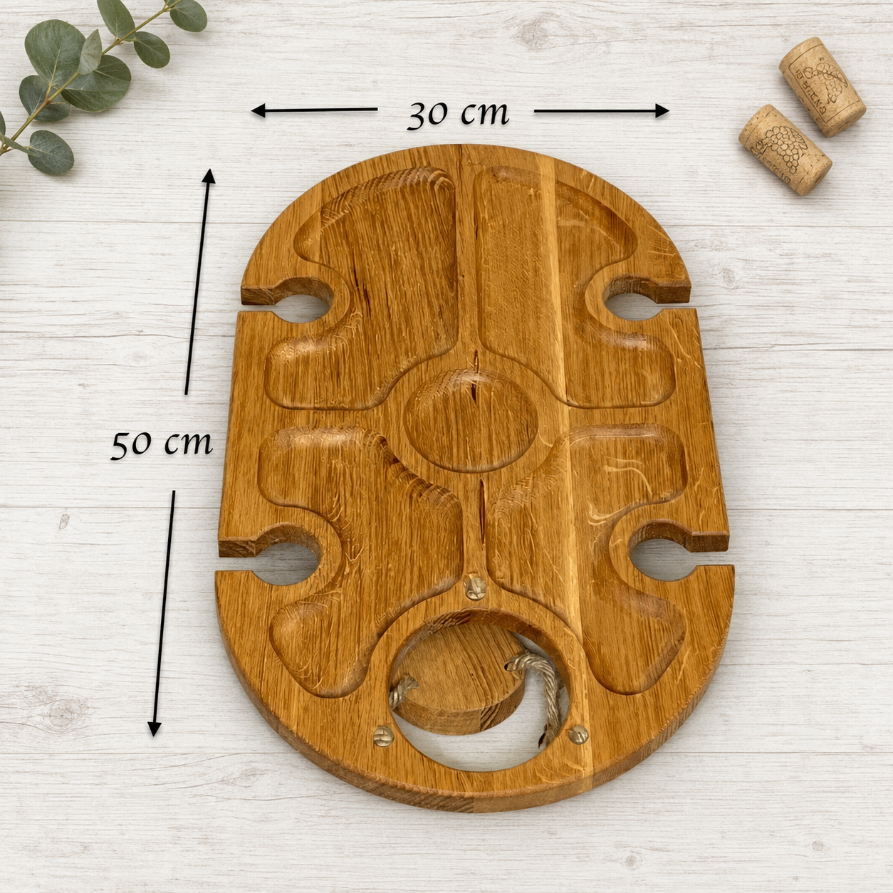 Klappbarer Weintisch aus Eiche für 4 Gläser – Picknicktisch & Serviertablett mit hängendem Flaschenhalter