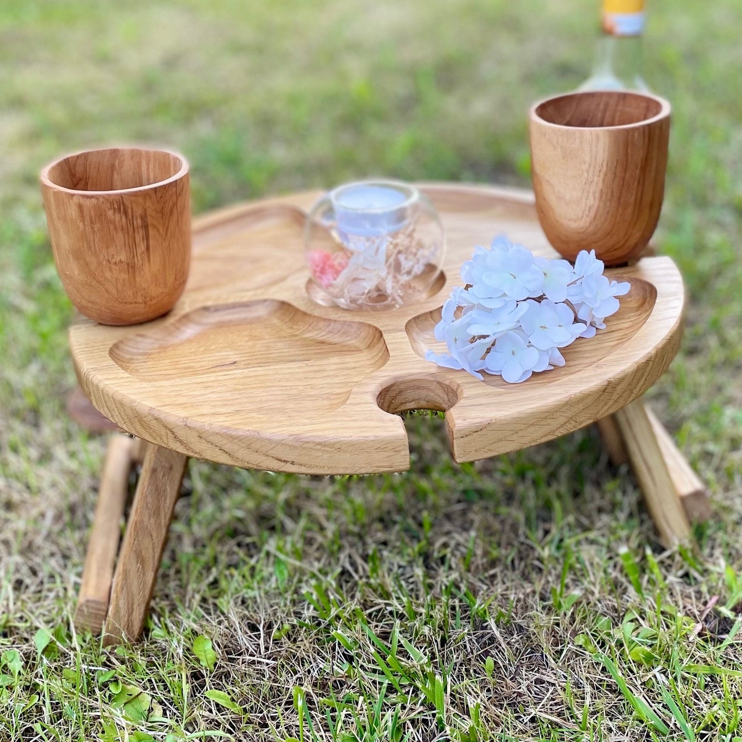 Weintisch Picknicktisch Serviertablett Eichenholz Rund 35cm Klappbar Tragbar Holztisch Strandtisch Geburtstag Weihnachtsgeschenk Couchbar