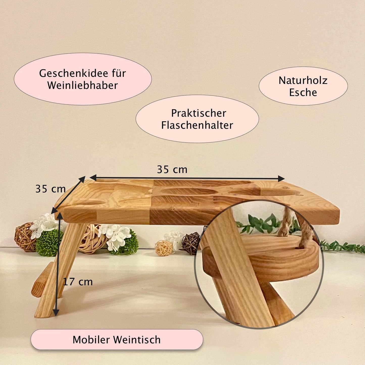 Personalisierter Weintisch aus Eichenholz – Klappbarer Picknicktisch & Couchbar mit Flaschenhalter