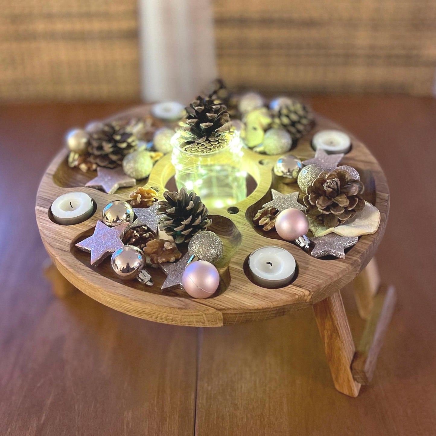 Moderner Adventskranz aus Eichenholz – Vielseitiges Serviertablett und Teelichthalter