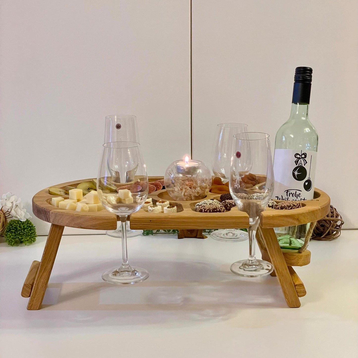 Weintisch, Picknicktisch, Betttablett aus Eichenholz Oval 4, Serviertablett mit Beine, WeinKäse Holztablett, Hochzeitsgeschenk, Geschenkidee