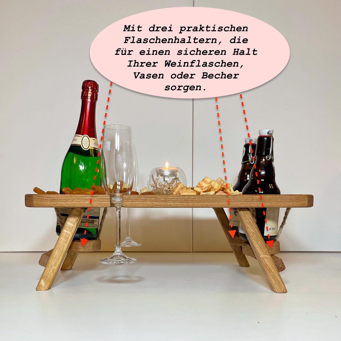 Multifunktionaler Weintisch aus Eichenholz – Klappbarer Picknicktisch mit 3 Flaschenhaltern