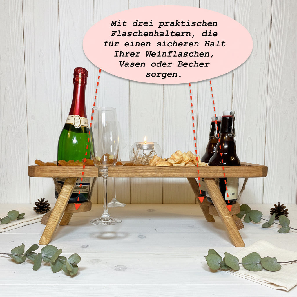 Klappbare Picknick-Bar aus Eiche – Getränketisch für 3 Flaschen oder Dosen, 2 Weingläser & Snacks