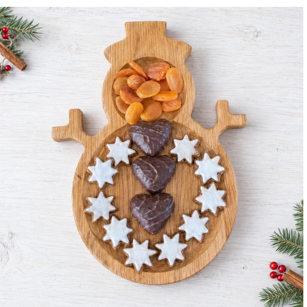 Holzteller Schneemann-Servierbrett aus Eichenholz mit praktischen Fächern. Ideal für Plätzchen, Nüsse, Pralinen, Käse und Weihnachtssnacks.