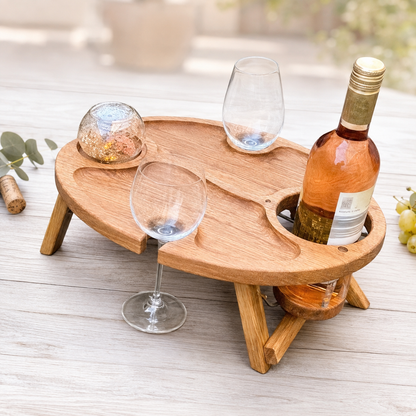 Weinbar aus Eiche – klappbarer Picknicktisch mit Flaschenhalter & 2 Glashaltern, Geschenk für Paare