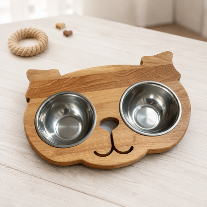 Erhöhte Futterstation für kleine Hunde aus Eichenholz – Futterbar mit 2 Edelstahlnäpfen, personalisierbar