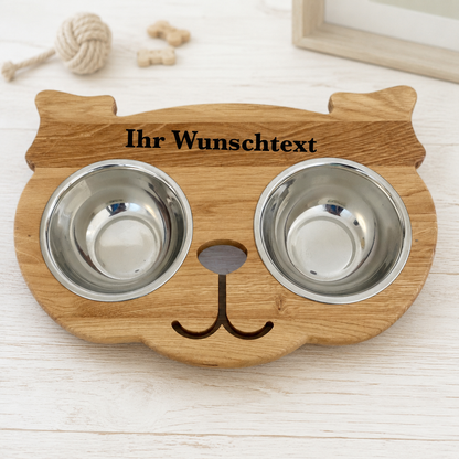 Erhöhte Futterstation für kleine Hunde aus Eichenholz – Futterbar mit 2 Edelstahlnäpfen, personalisierbar