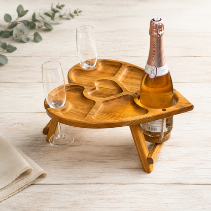 Klappbarer Weintisch aus Kirschbaumholz für eine Flasche und zwei Gläser, Picknicktisch, Couchbar, Campingtisch Wein, Strandtisch