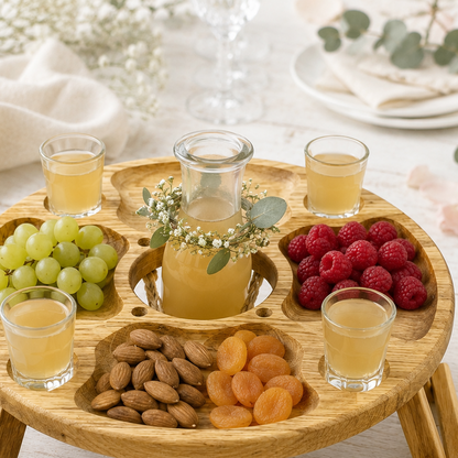 Erhöhter Teelicht- & Dekotisch aus Eiche für 4 – runde Snackplatte für Vase oder Flasche, moderner Adventstisch