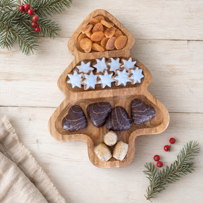 Holzteller, Tannenbaum-Servierplatte aus Eichenholz mit drei Fächern. Ideal für Plätzchen, Nüsse, Pralinen und Weihnachtssnacks.
