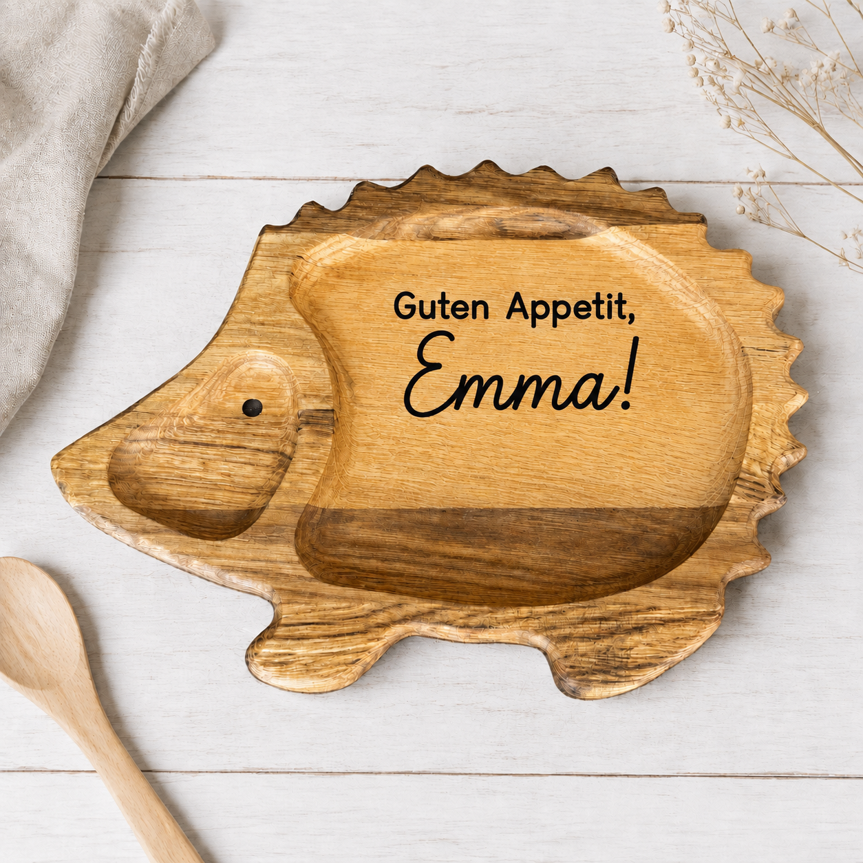 Holz-Kinderteller Igel mit Unterteilung – Snack-Tablett aus Eichenholz