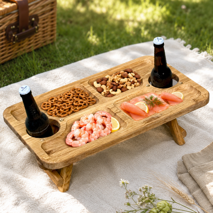 Biertisch, Campingtisch aus Eichenholz klappbar – mit 2 Flaschenhaltern und Snackfächern