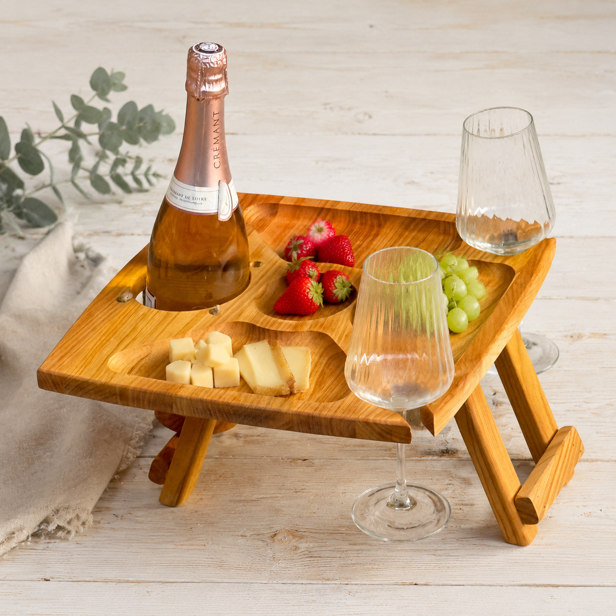 Klappbarer Weintisch aus Kirschbaumholz für eine Flasche und zwei Gläser, Picknicktisch, Couchbar, Campingtisch Wein, Strandtisch
