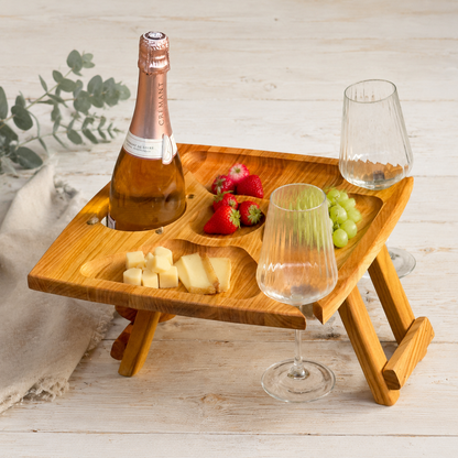 Klappbarer Weintisch aus Kirschbaumholz für eine Flasche und zwei Gläser, Picknicktisch, Couchbar, Campingtisch Wein, Strandtisch