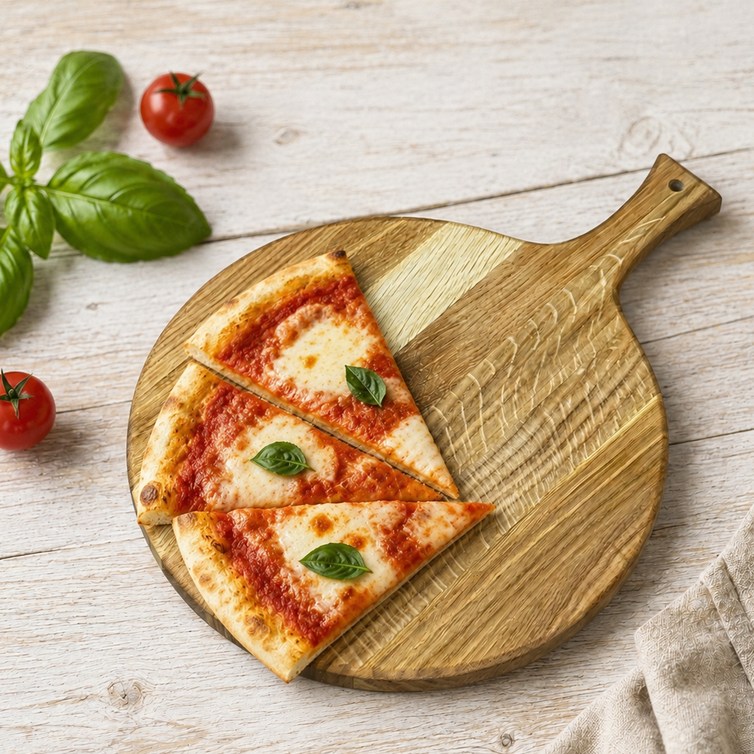 Rundes Pizzabrett aus Massivholz mit Griff – Schneidebrett & Servierbrett, optional mit Gravur