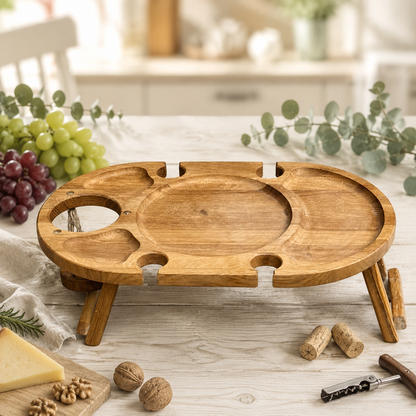 Weinabend auf 50 × 30 cm – Weintisch für 4 Gläser aus Eiche, Picknicktisch mit Flaschenhalter