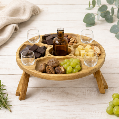 Erhöhter Teelicht- & Dekotisch aus Eiche für 4 – runde Snackplatte für Vase oder Flasche, moderner Adventstisch