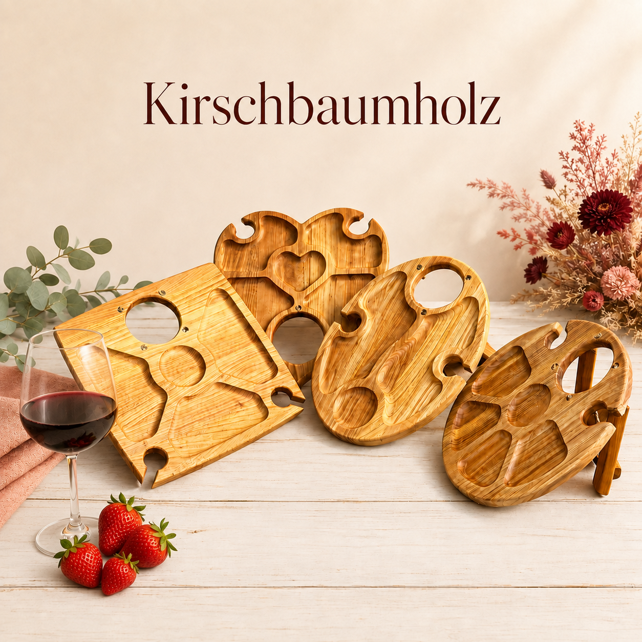 Klappbarer Weintisch aus Kirschbaumholz für eine Flasche und zwei Gläser, Picknicktisch, Couchbar, Campingtisch Wein, Strandtisch