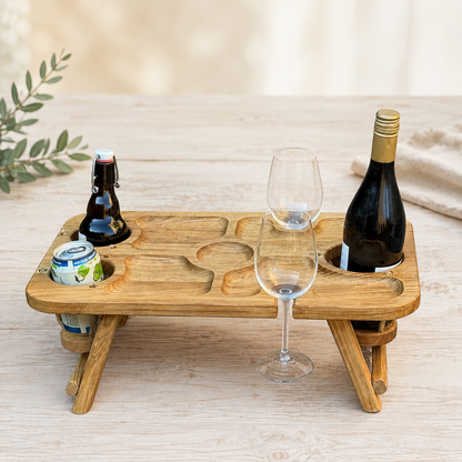Klappbare Picknick-Bar aus Eiche – Getränketisch für 3 Flaschen oder Dosen, 2 Weingläser & Snacks