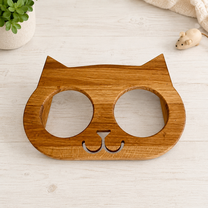 Erhöhte Futterstation für Katzen aus Eiche mit zwei Edelstahlnäpfe, personalisierbar