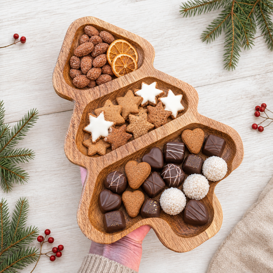 Holzteller, Tannenbaum-Servierplatte aus Eichenholz mit drei Fächern. Ideal für Plätzchen, Nüsse, Pralinen und Weihnachtssnacks.