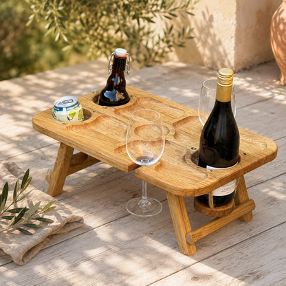 Klappbare Picknick-Bar aus Eiche – Getränketisch für 3 Flaschen oder Dosen, 2 Weingläser & Snacks