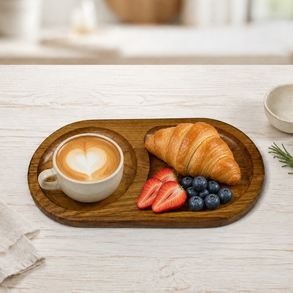 Eichenholz-Frühstücksbrett mit zwei Fächern, Cappuccino, Croissant und Beeren