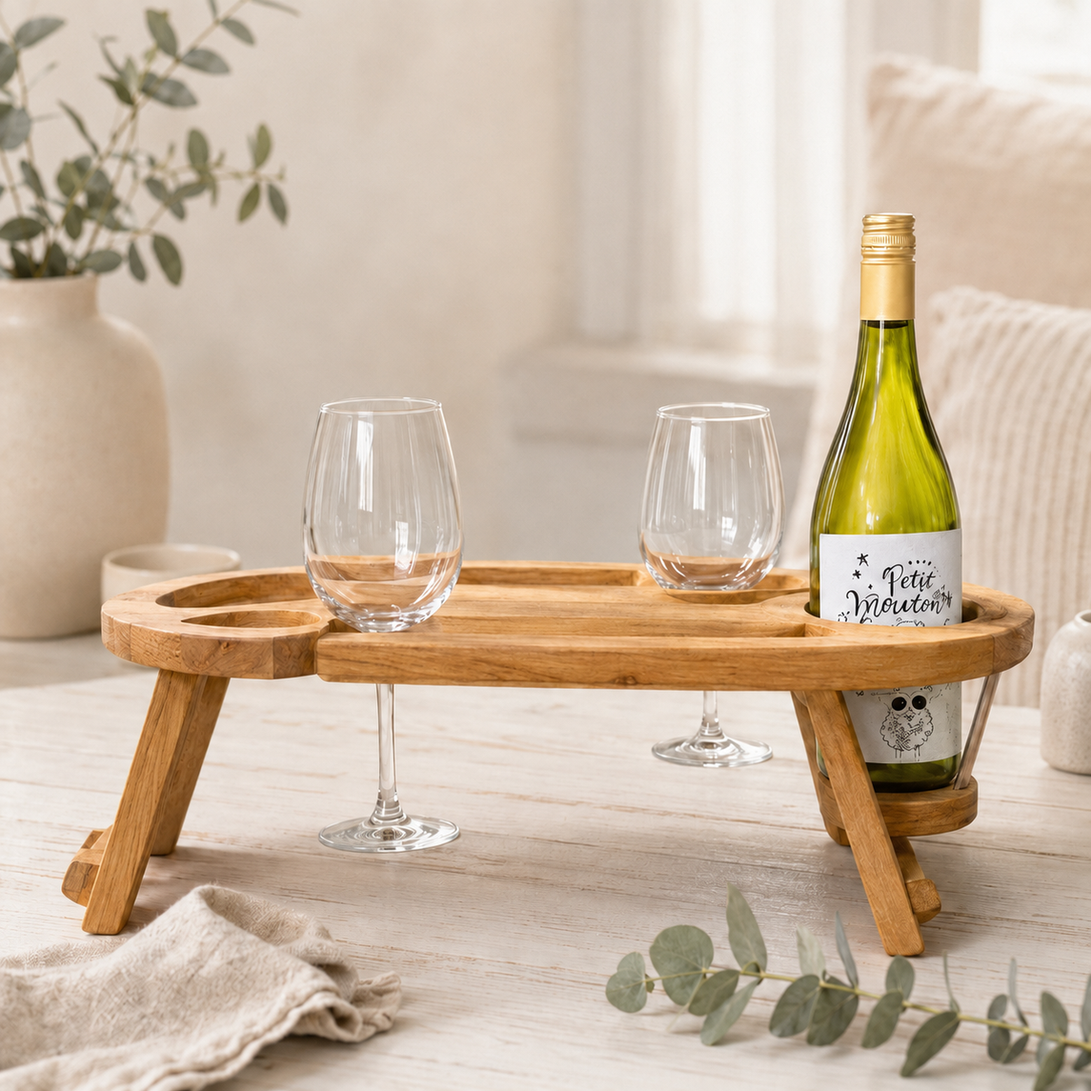 Picknicktisch aus Eichenholz, Weintisch mit 2 Glashaltern, Serviertablett mit Beinen 50 × 30 × 17 cm, Charcuterie-Brett, Couchbar klappbar