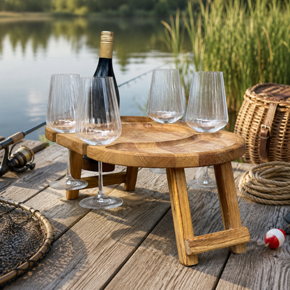 Weinabend auf 50 × 30 cm – Weintisch für 4 Gläser aus Eiche, Picknicktisch mit Flaschenhalter