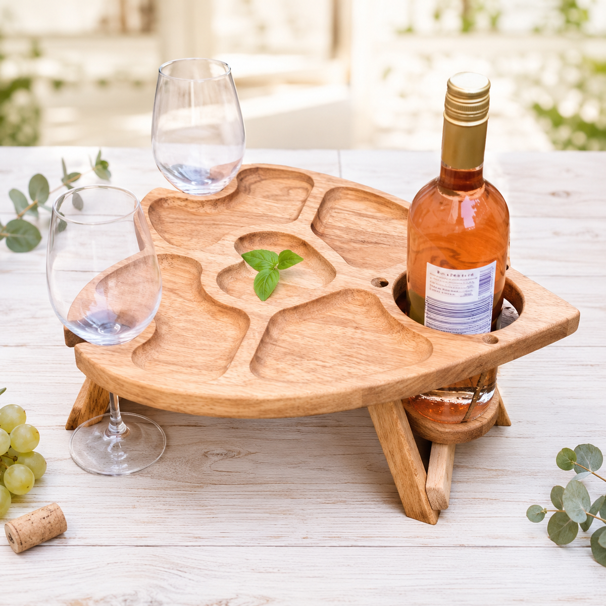 Weinbar aus Eiche – klappbarer Picknicktisch mit Flaschenhalter & 2 Glashaltern, Geschenk für Paare