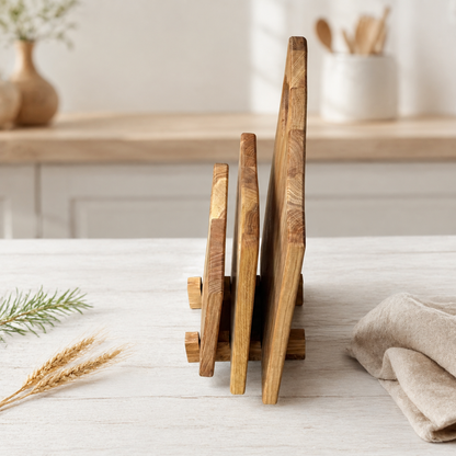 Schneidebrett-Set aus Eiche mit Halter – 3 massive Holzbretter mit Herzgriff | Servier- & Frühstücksbretter