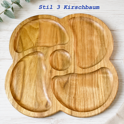Holzteller, Servierplatte aus Eiche oder Kirschbaum mit getrennten Fächern für Nüsse, Obst, Käse, Datteln und Snacks.