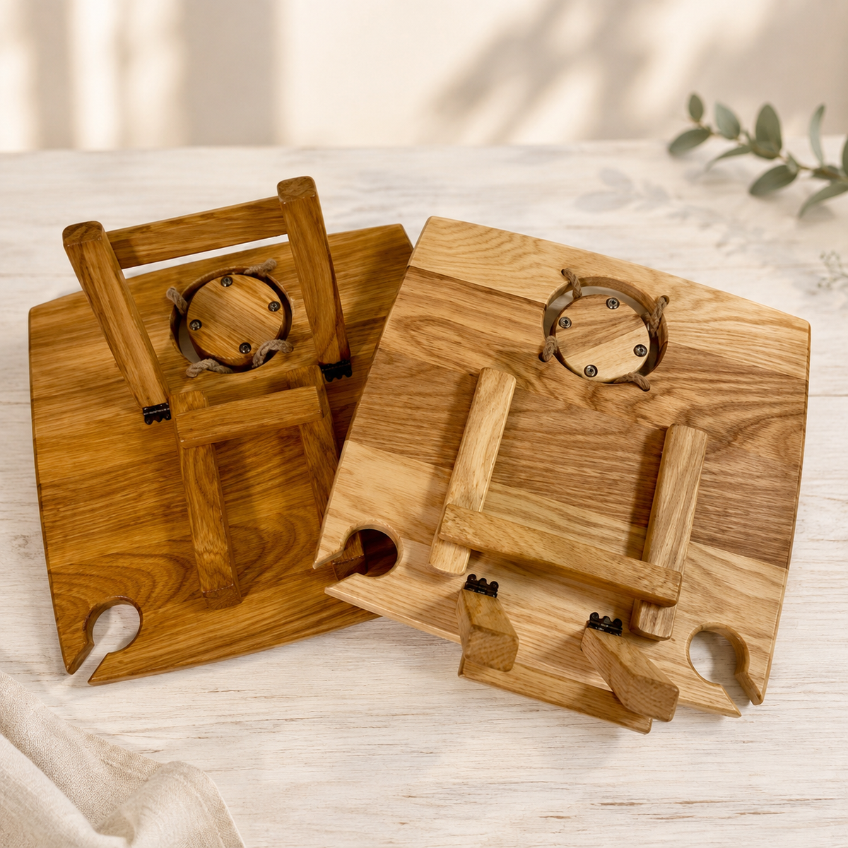 Klappbarer Weintisch für 2 Gläser & Flasche – Picknicktisch aus Edelholz mit Snackfächern