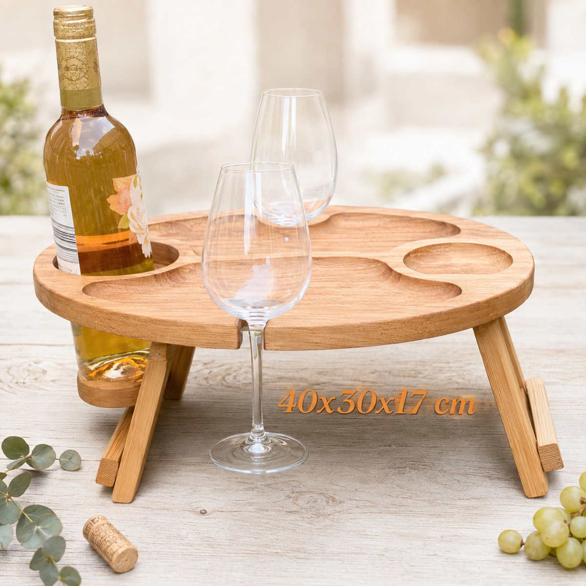 Weinbar aus Eiche – klappbarer Picknicktisch mit Flaschenhalter & 2 Glashaltern, Geschenk für Paare