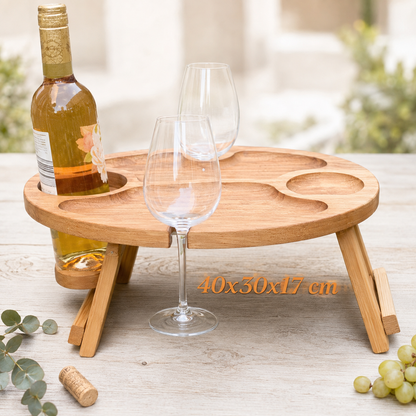 Weinbar aus Eiche – klappbarer Picknicktisch mit Flaschenhalter & 2 Glashaltern, Geschenk für Paare