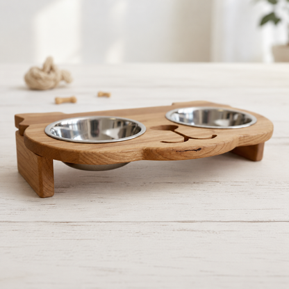 Erhöhte Futterstation für kleine Hunde aus Eichenholz – Futterbar mit 2 Edelstahlnäpfen, personalisierbar