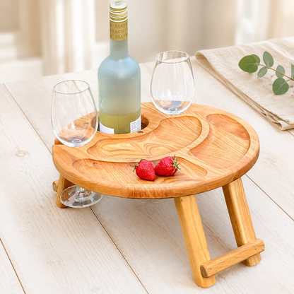 Klappbarer Weintisch aus Holz für 2 Gläser | Picknicktisch mit hängendem Flaschenhalter | Eiche oder Kirsche Ø 35 cm